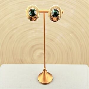 1980s S.A.L. SWAROVSKI Big Green Oval CRYSTAL Clip On EARRINGS SAL Gold Tone